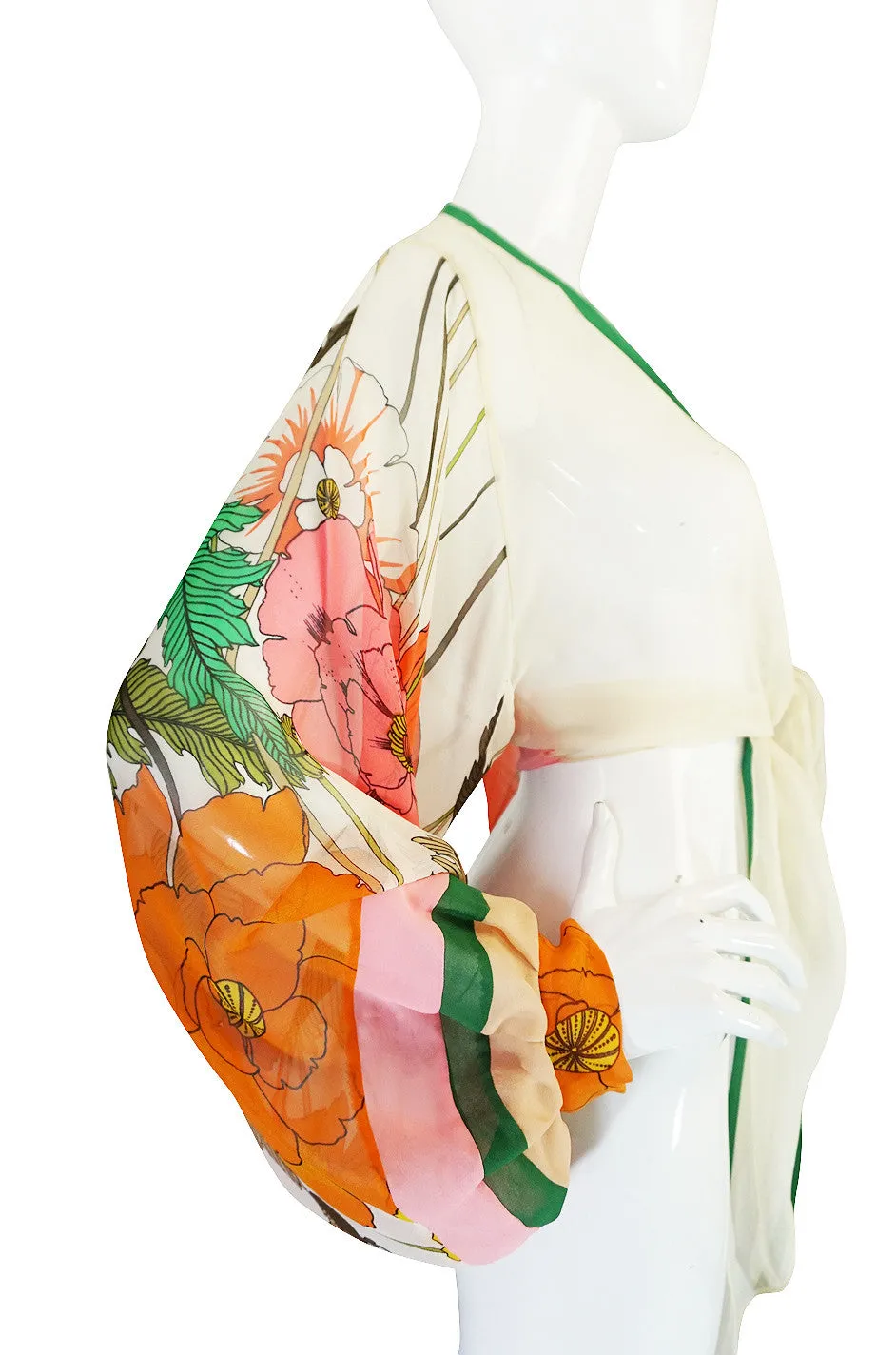 1960s Printed Ballon Sleeve Silk Chiffon Wrap Top