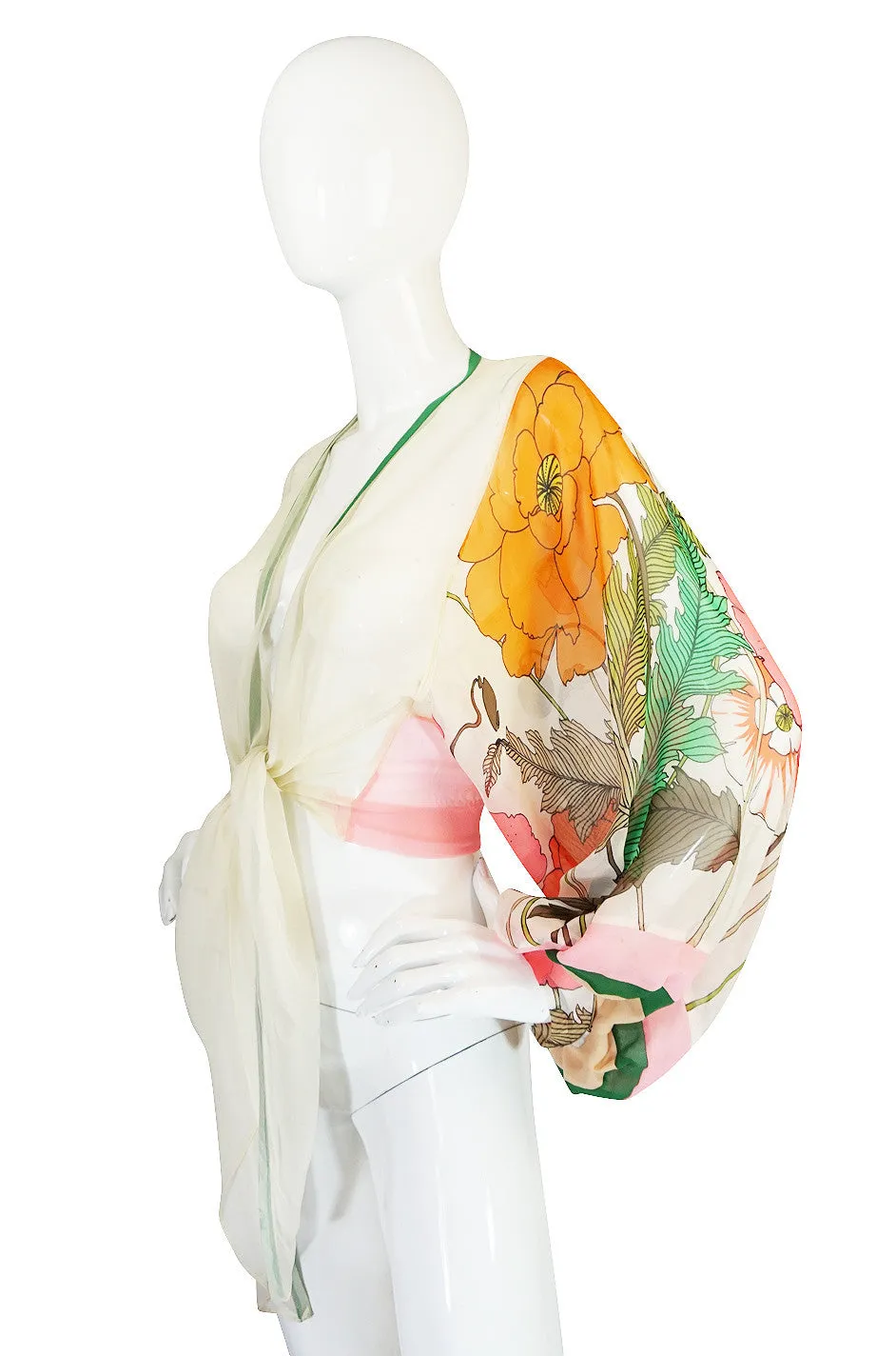 1960s Printed Ballon Sleeve Silk Chiffon Wrap Top