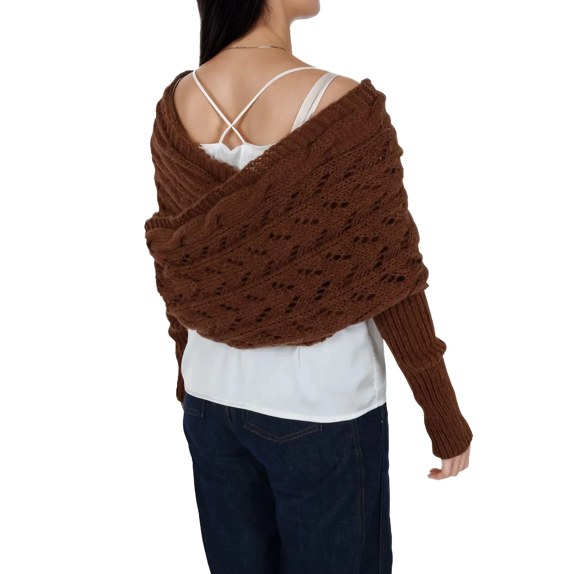 Anna-Kaci Womens Multifunctional Scarf with Sleeves Solid Color Crochet Knitted Cable Scarf Sweater Wraps