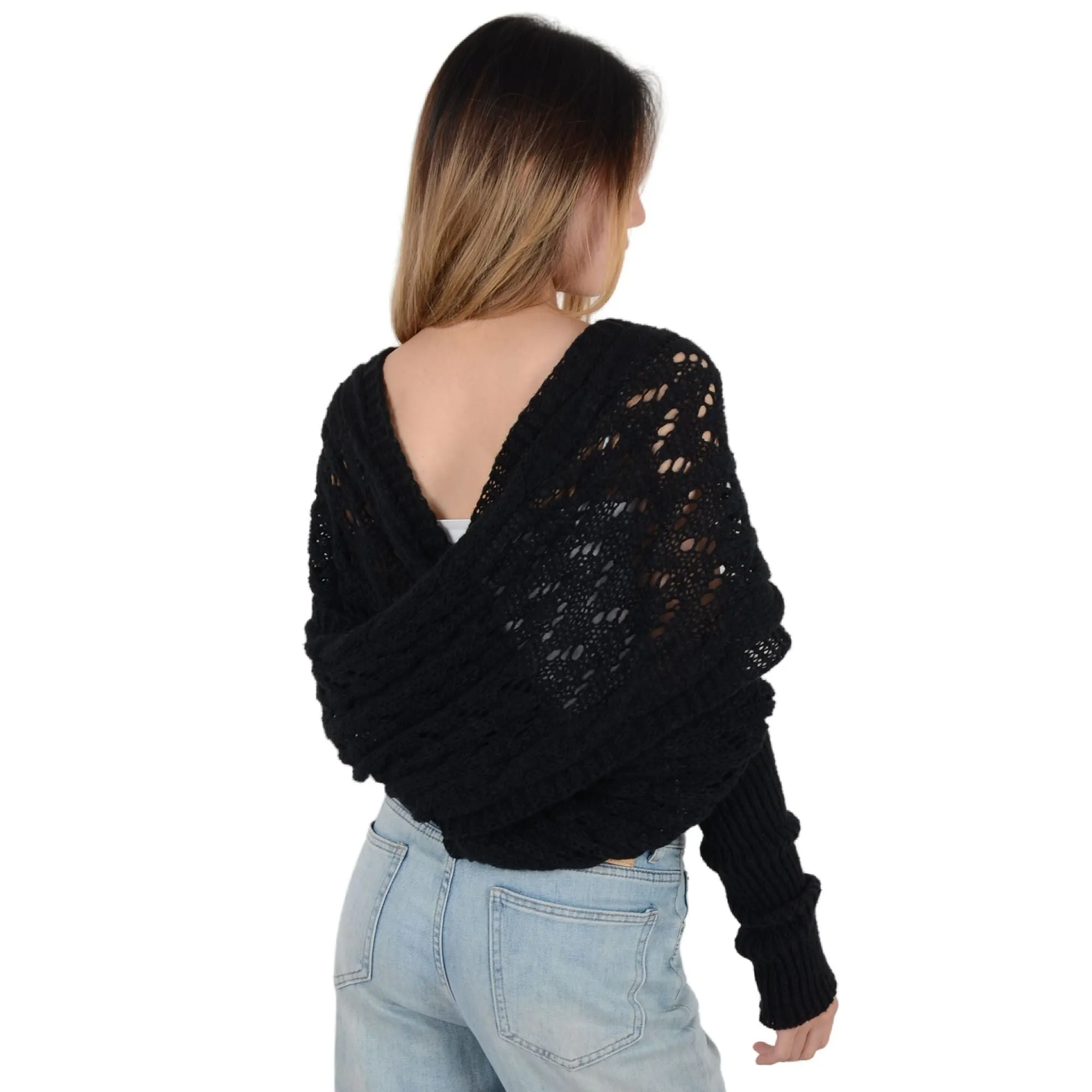Anna-Kaci Womens Multifunctional Scarf with Sleeves Solid Color Crochet Knitted Cable Scarf Sweater Wraps