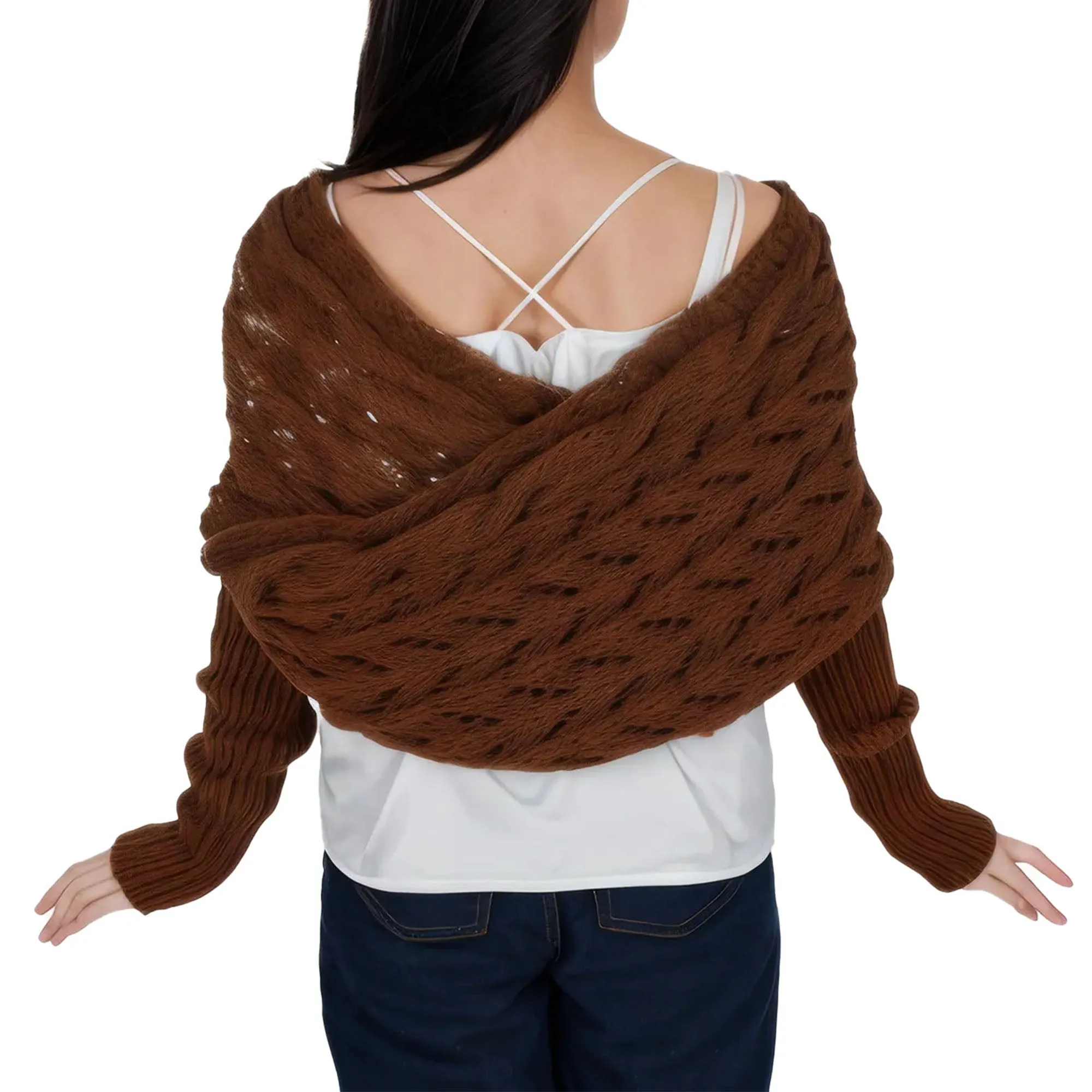 Anna-Kaci Womens Multifunctional Scarf with Sleeves Solid Color Crochet Knitted Cable Scarf Sweater Wraps