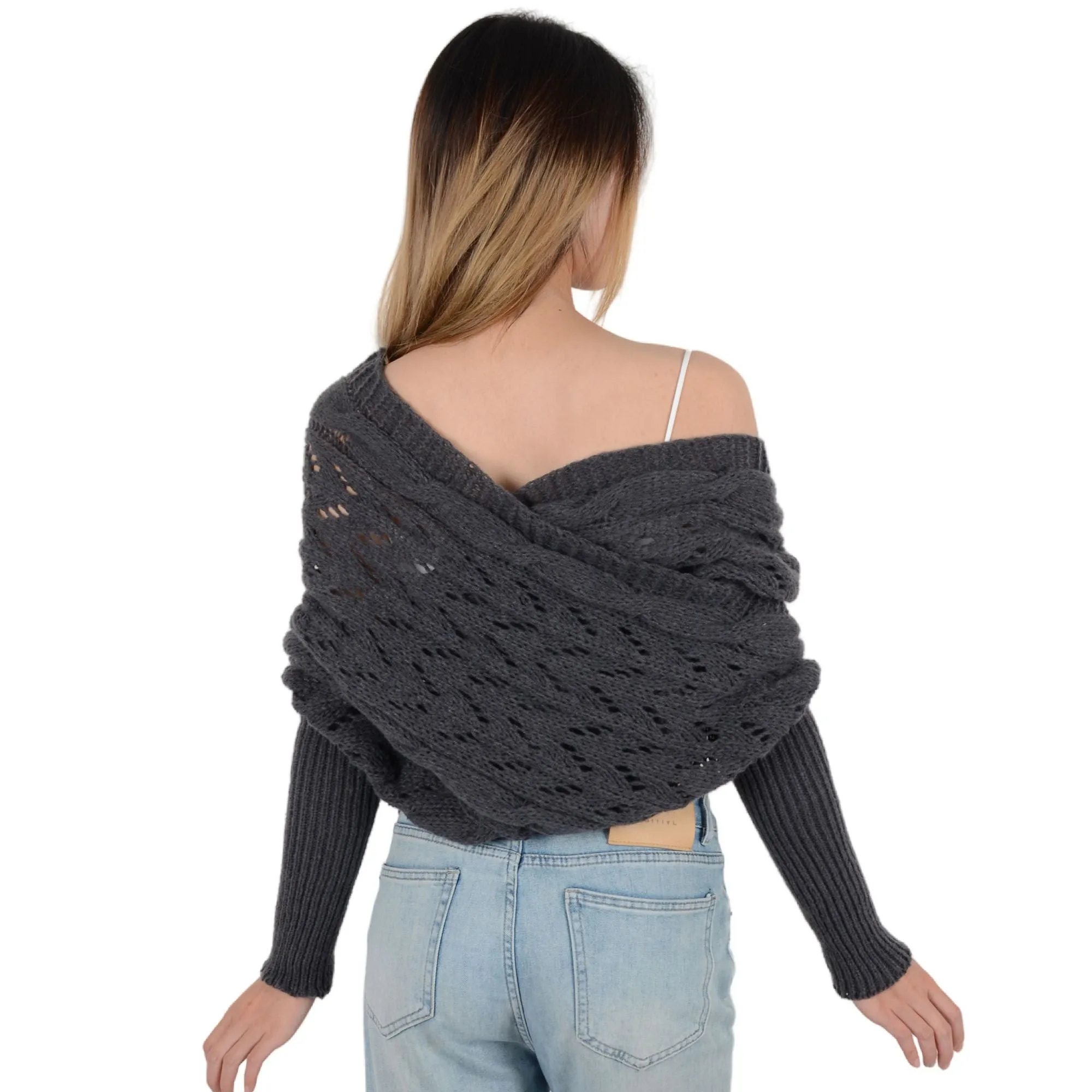 Anna-Kaci Womens Multifunctional Scarf with Sleeves Solid Color Crochet Knitted Cable Scarf Sweater Wraps