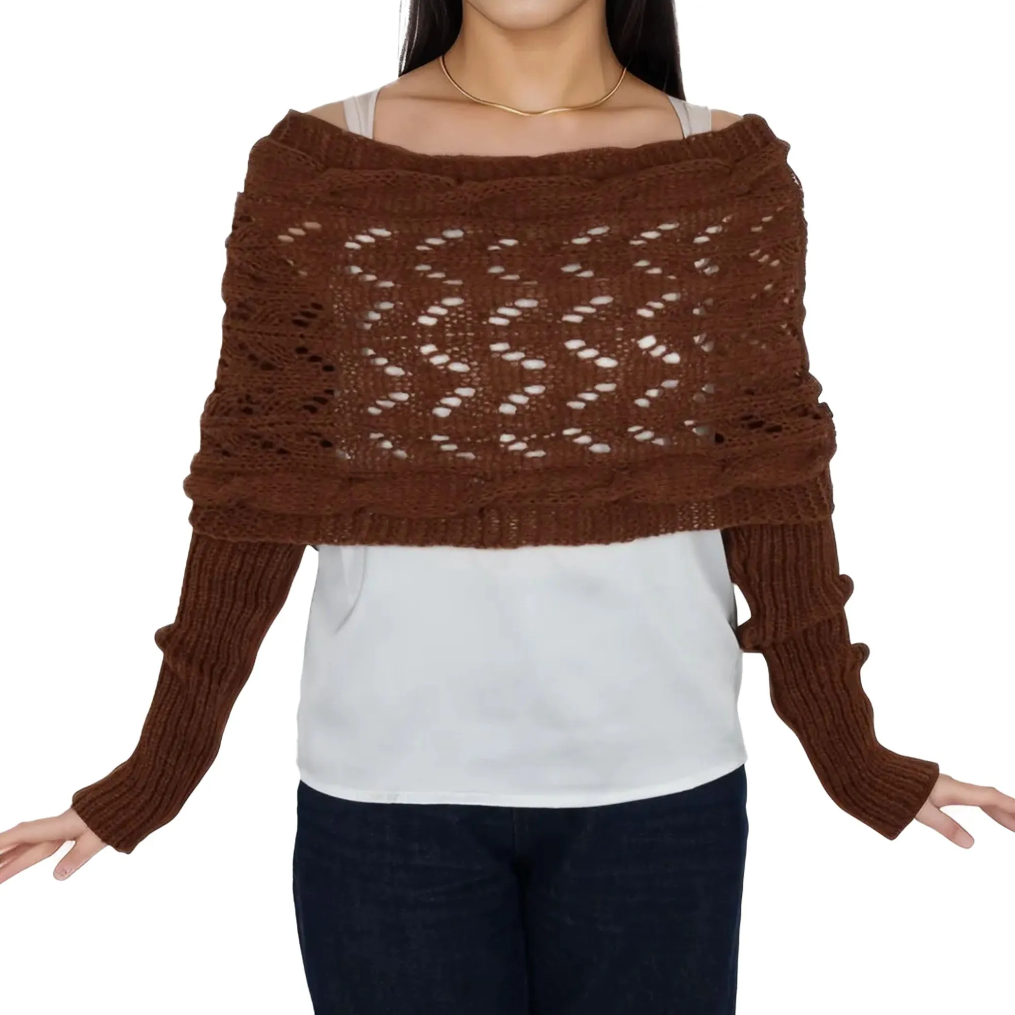 Anna-Kaci Womens Multifunctional Scarf with Sleeves Solid Color Crochet Knitted Cable Scarf Sweater Wraps