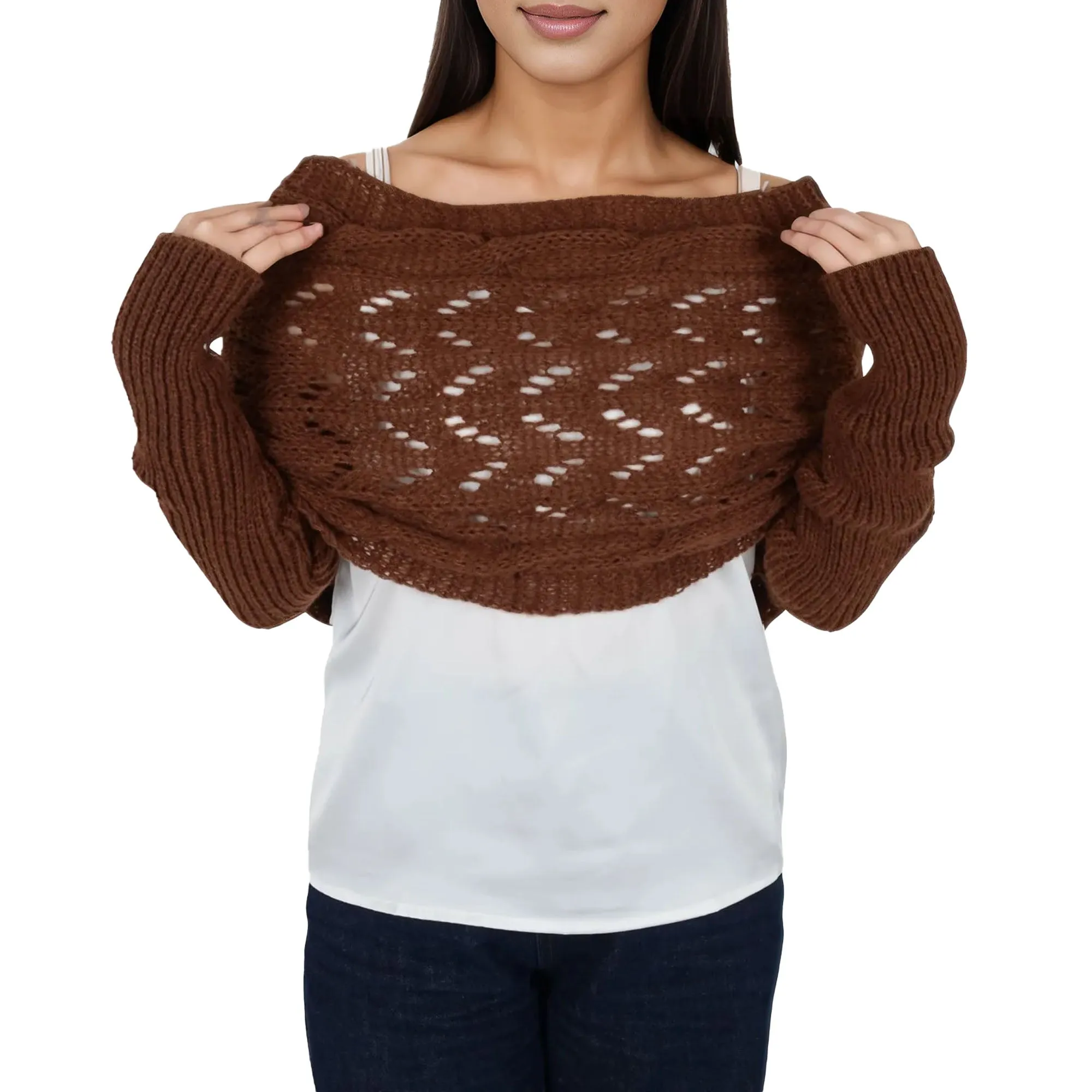 Anna-Kaci Womens Multifunctional Scarf with Sleeves Solid Color Crochet Knitted Cable Scarf Sweater Wraps