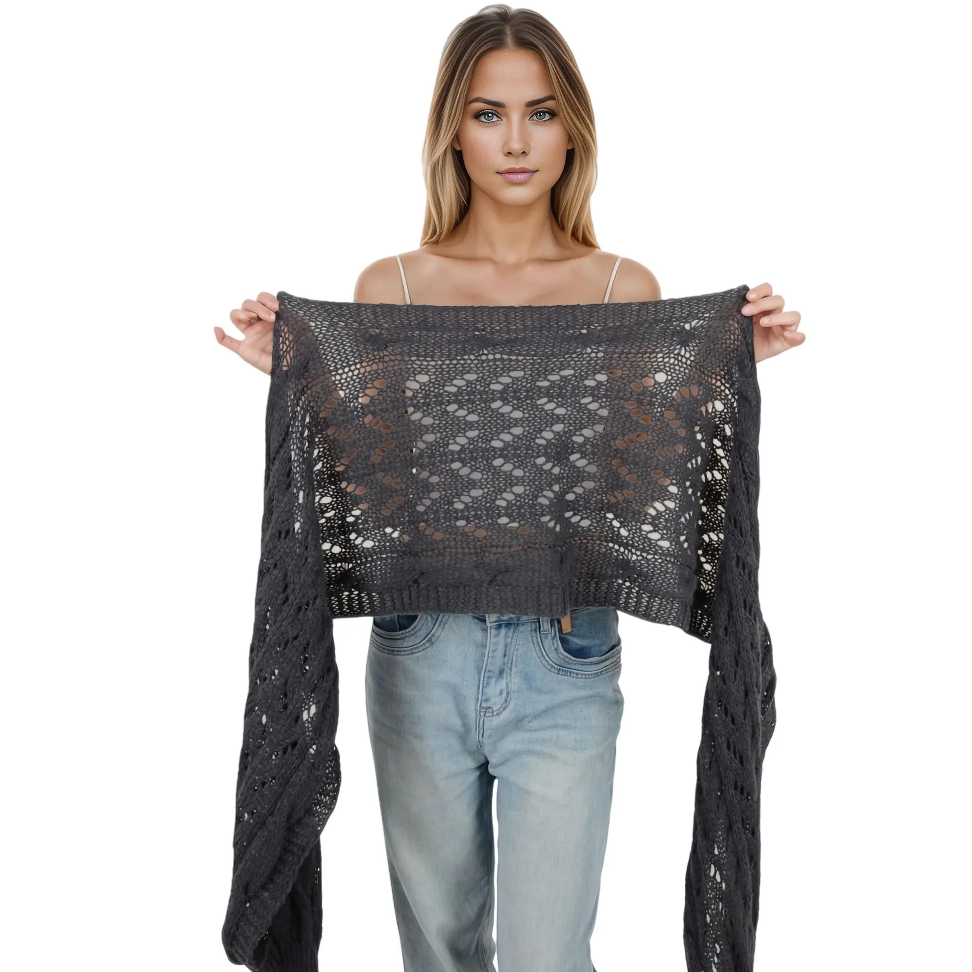 Anna-Kaci Womens Multifunctional Scarf with Sleeves Solid Color Crochet Knitted Cable Scarf Sweater Wraps