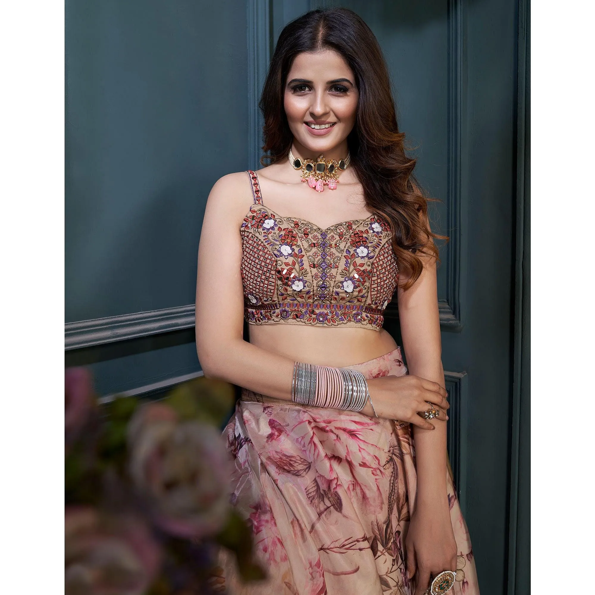 Beige Partywear Digital Printed Organza Lehenga Choli