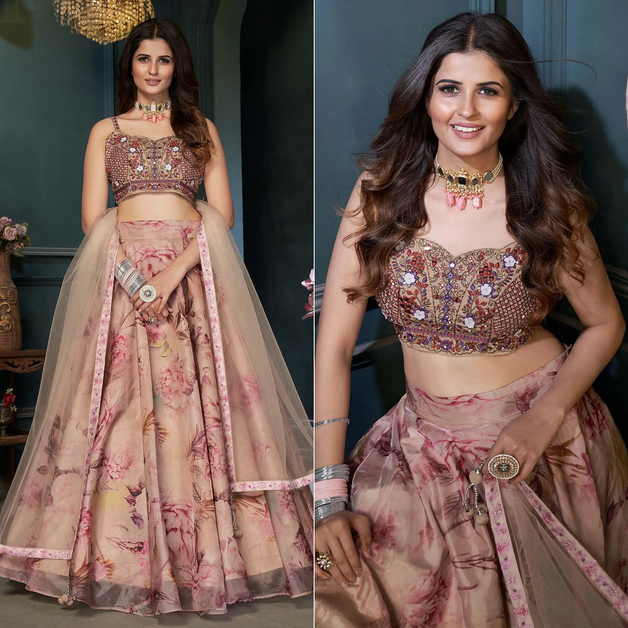 Beige Partywear Digital Printed Organza Lehenga Choli
