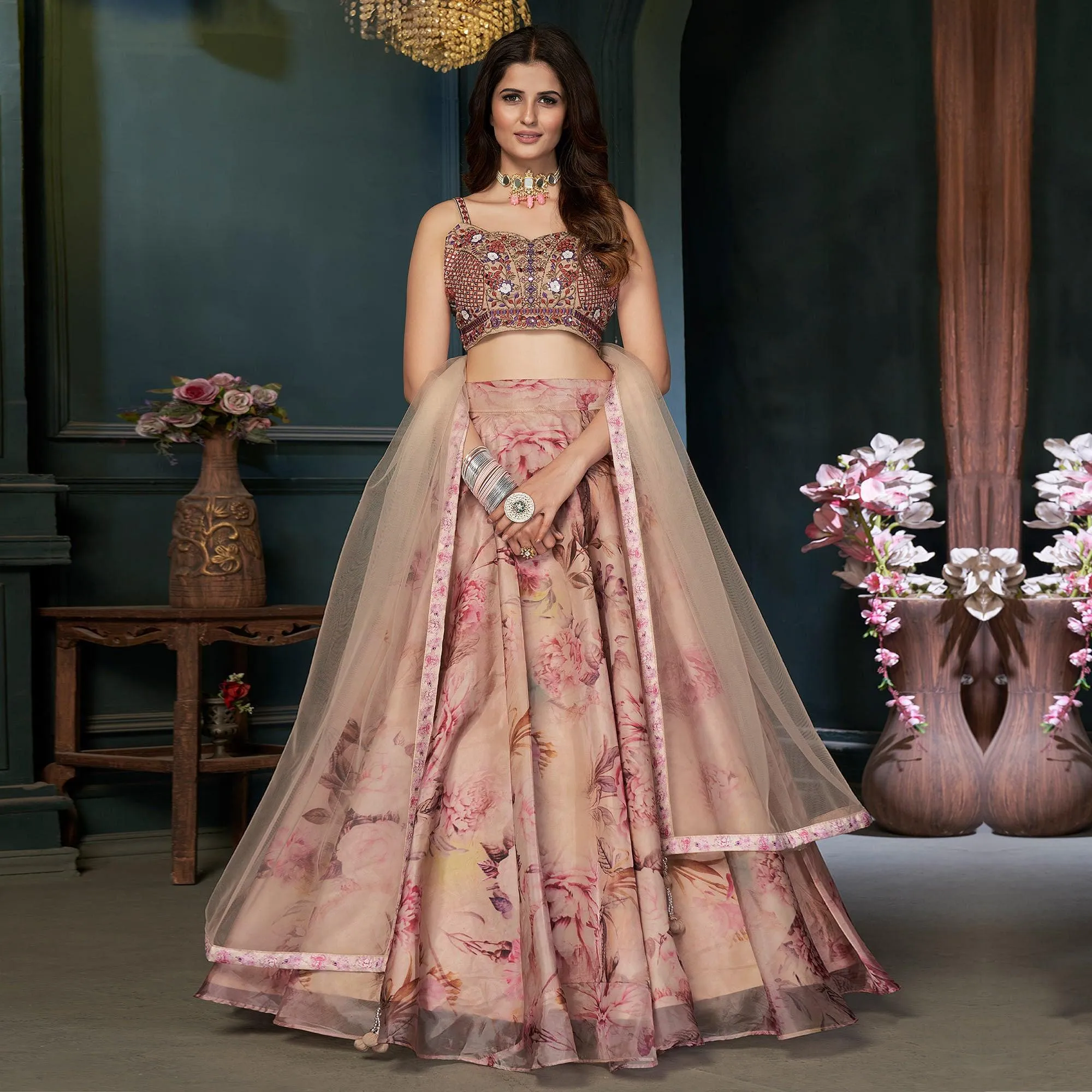 Beige Partywear Digital Printed Organza Lehenga Choli