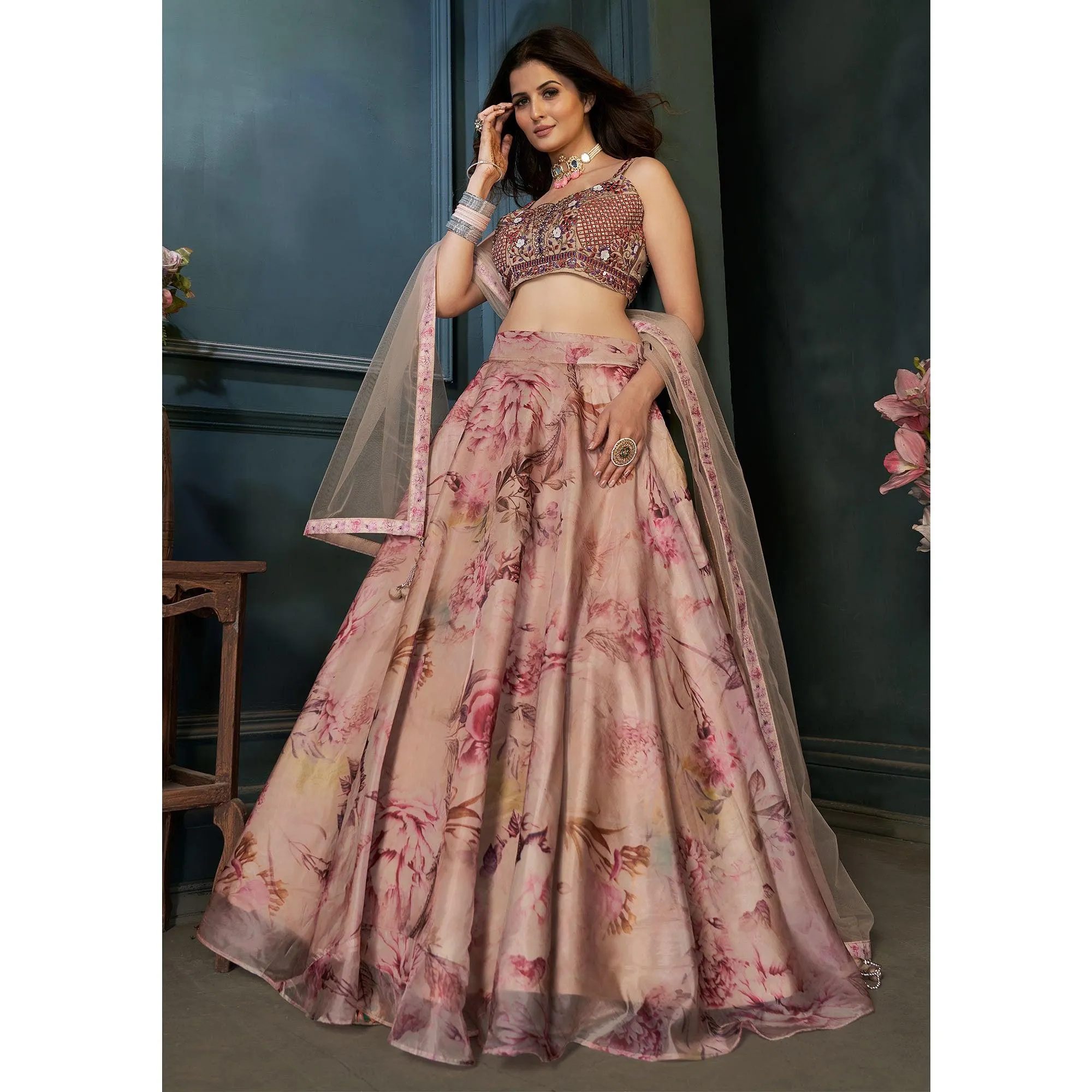 Beige Partywear Digital Printed Organza Lehenga Choli