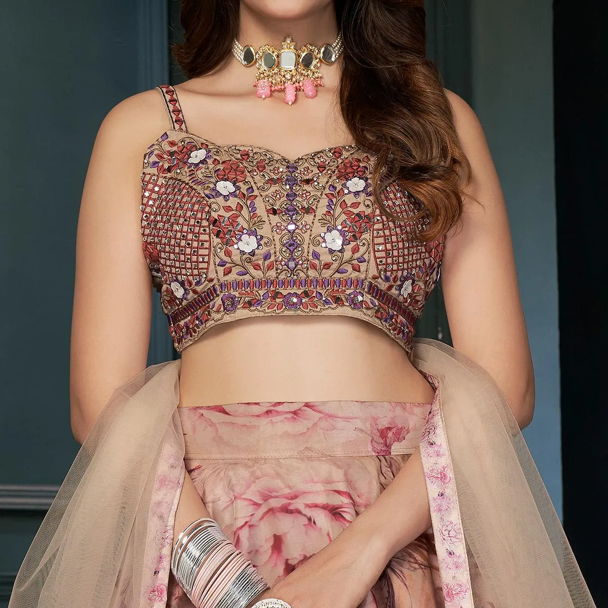 Beige Partywear Digital Printed Organza Lehenga Choli