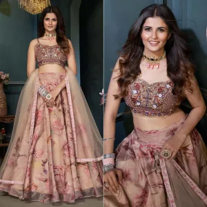 Beige Partywear Digital Printed Organza Lehenga Choli
