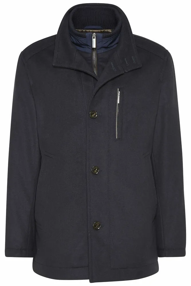 Bugatti High Collar Coat with Inner Vest Detail - Navy
