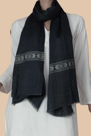 Charcoal Grey Floral Border Woolen Stole