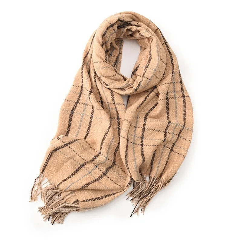Contrast Color Plaid Tassel Thickened Dourble-Side Warm Shawl Scarf