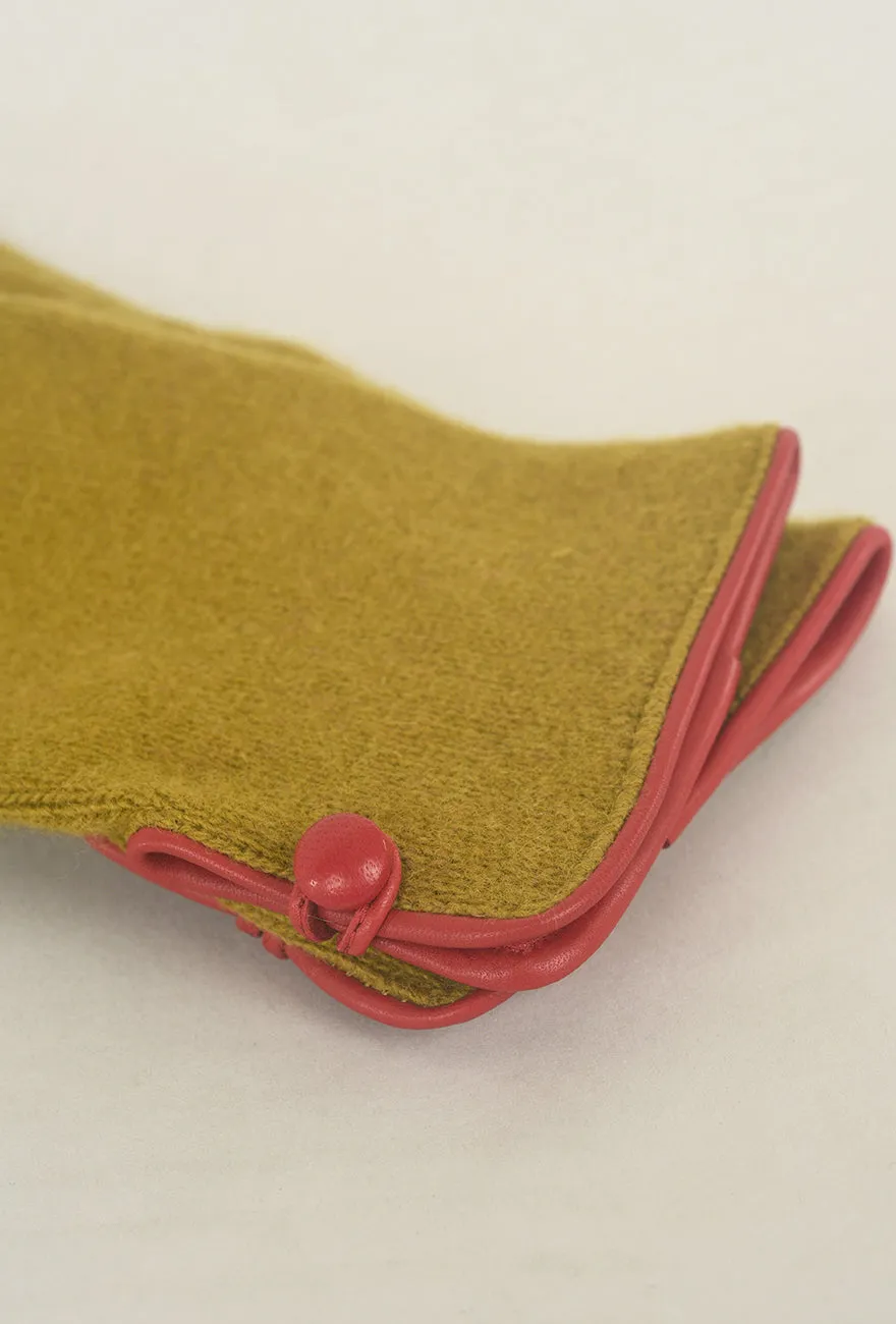 Contrast Piping/Button Wool/Cashmere Glove, Musgo