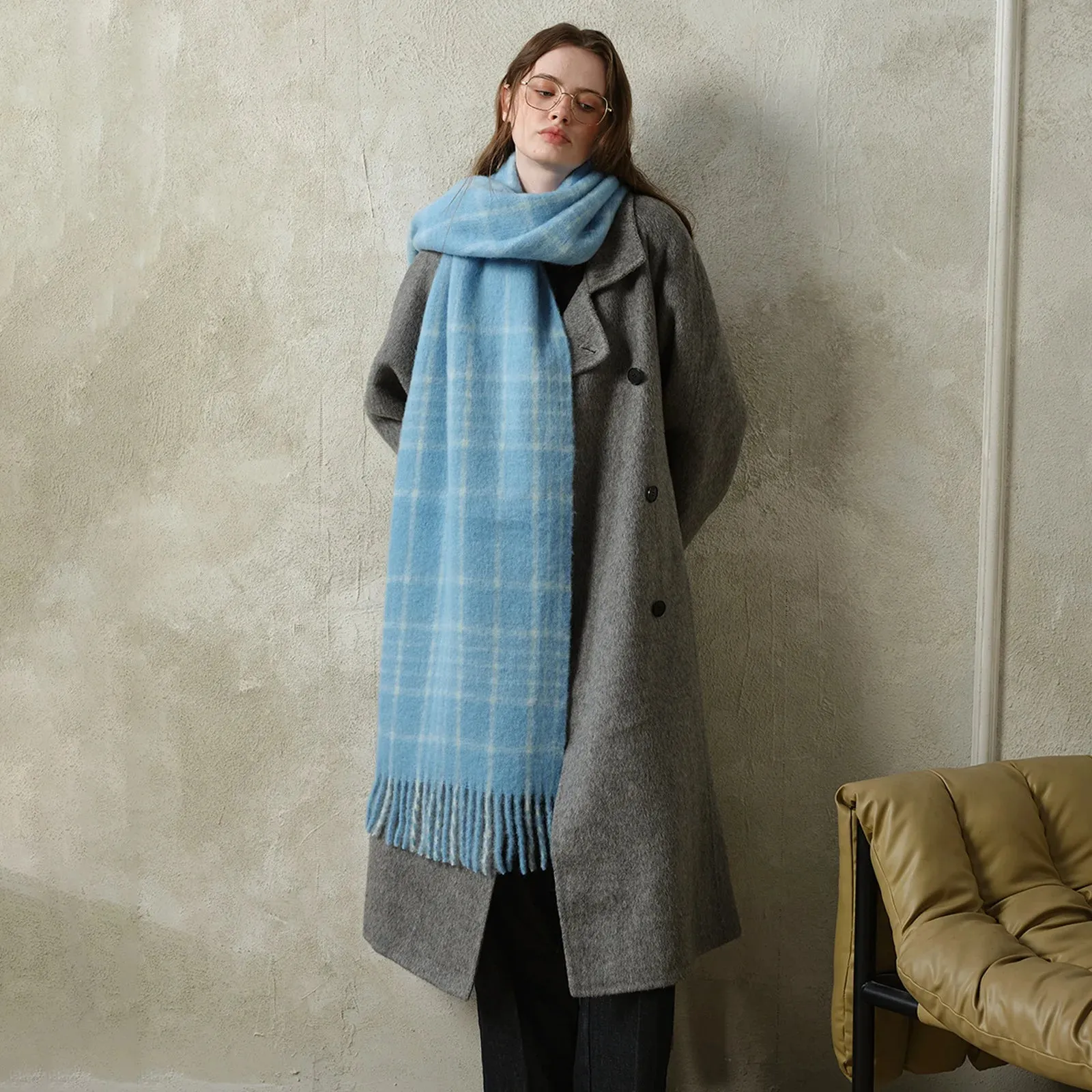 Design Korean Premium 30% Wool Red Plaid Tassels Mohair Warm Scarf
