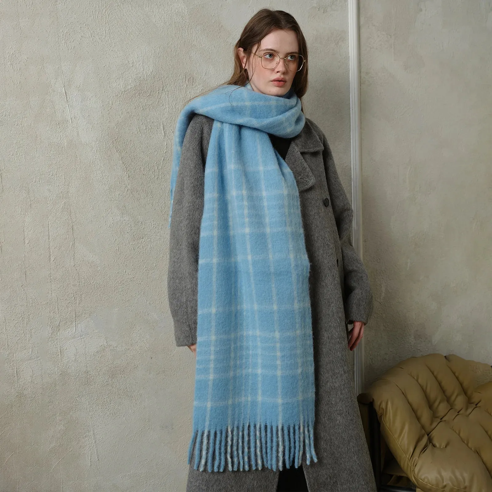 Design Korean Premium 30% Wool Red Plaid Tassels Mohair Warm Scarf