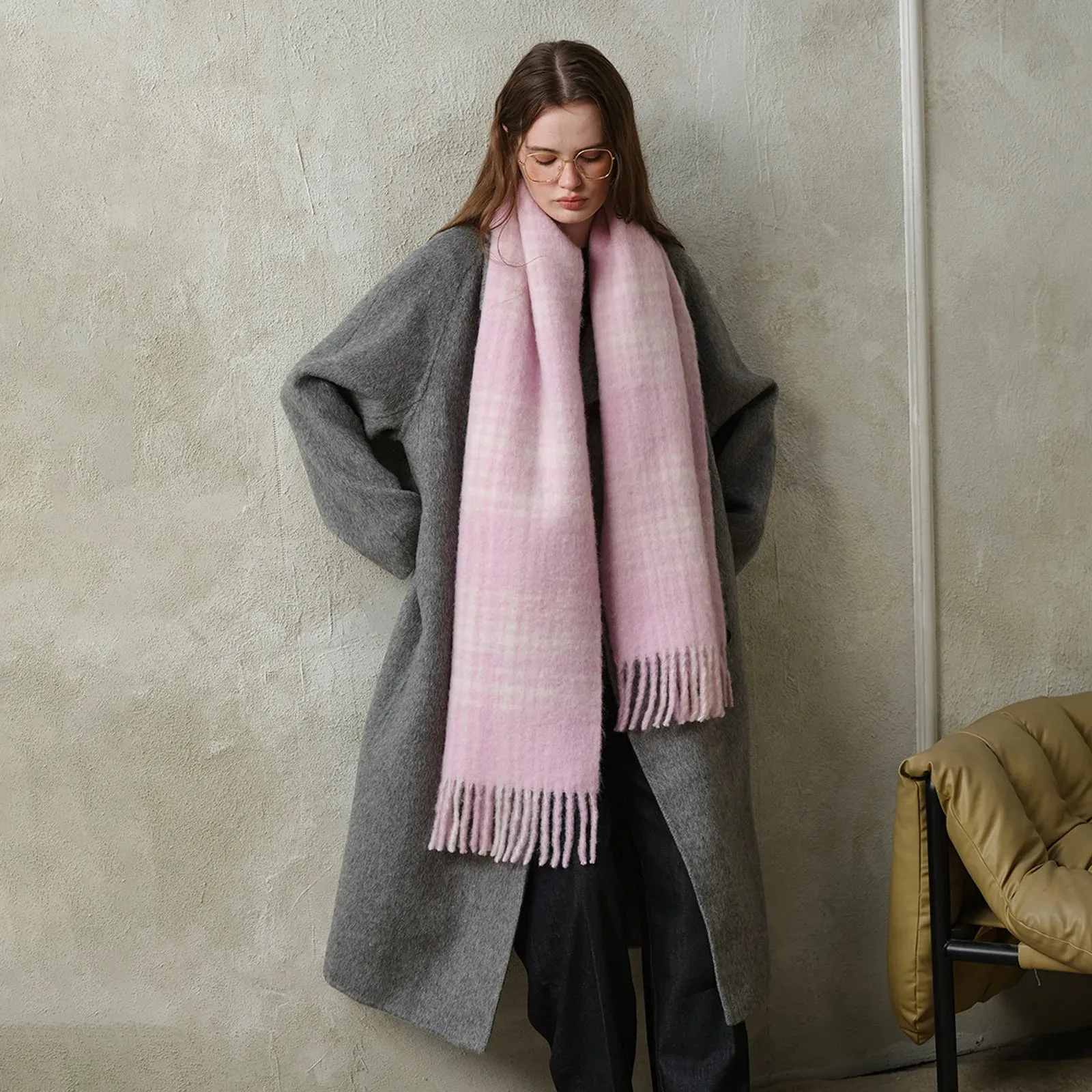 Design Korean Premium 30% Wool Red Plaid Tassels Mohair Warm Scarf