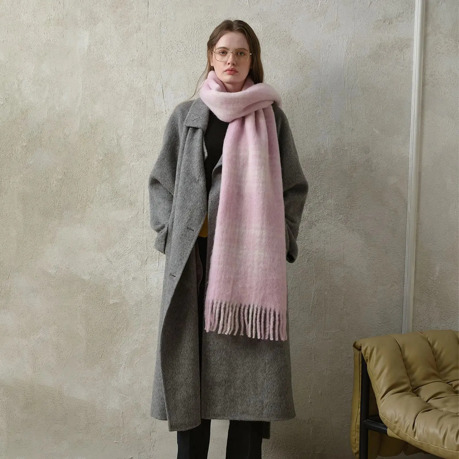 Design Korean Premium 30% Wool Red Plaid Tassels Mohair Warm Scarf