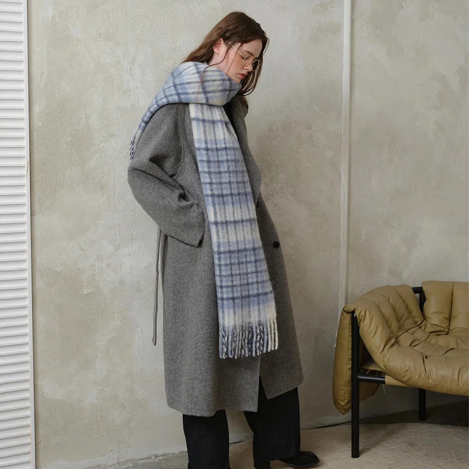 Design Korean Premium 30% Wool Red Plaid Tassels Mohair Warm Scarf