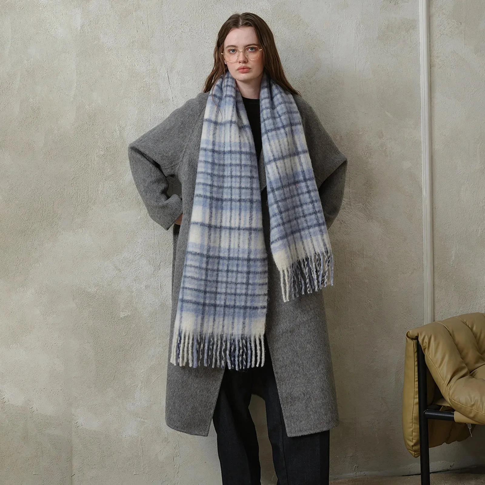 Design Korean Premium 30% Wool Red Plaid Tassels Mohair Warm Scarf
