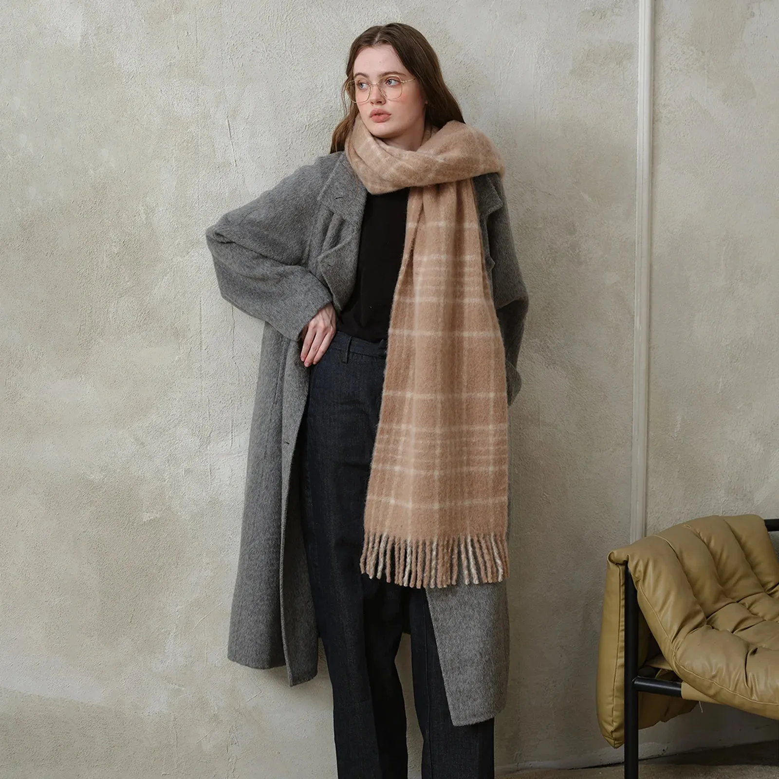 Design Korean Premium 30% Wool Red Plaid Tassels Mohair Warm Scarf
