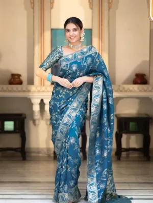 Epiphany Rama Soft Silk Saree With Embrocation Blouse Piece