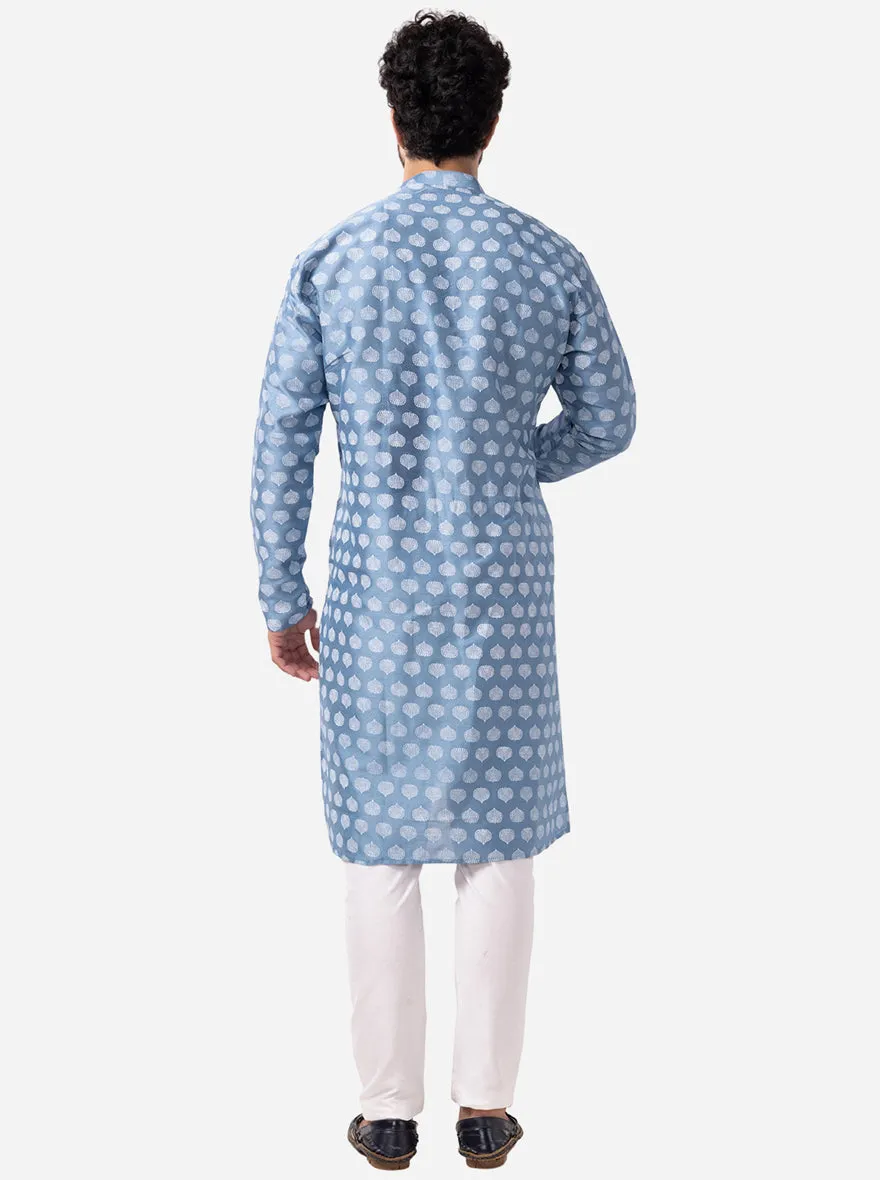 Ethnic Steel Blue Printed Kurta For Men