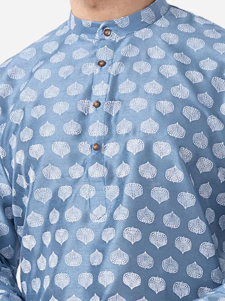 Ethnic Steel Blue Printed Kurta For Men