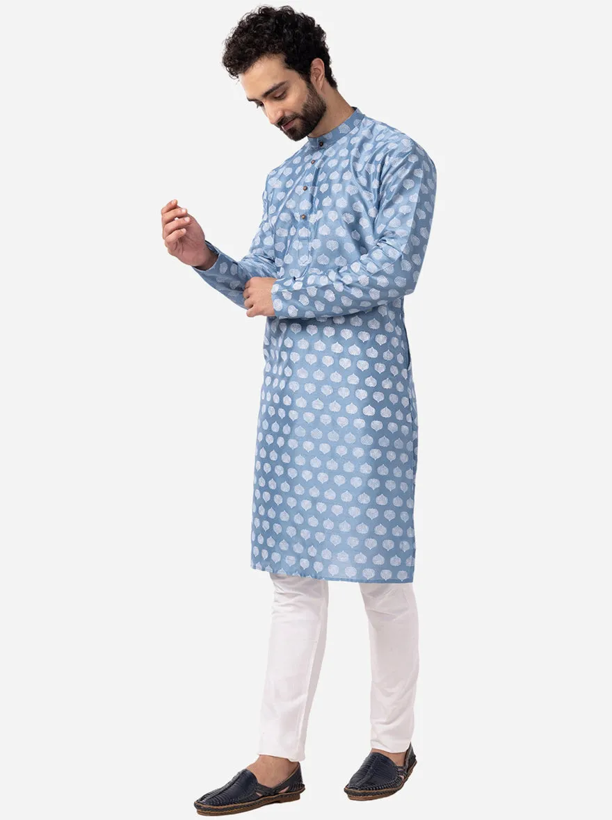 Ethnic Steel Blue Printed Kurta For Men