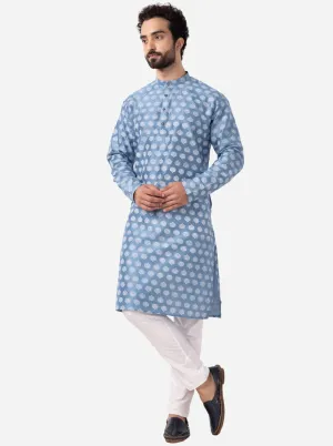 Ethnic Steel Blue Printed Kurta For Men