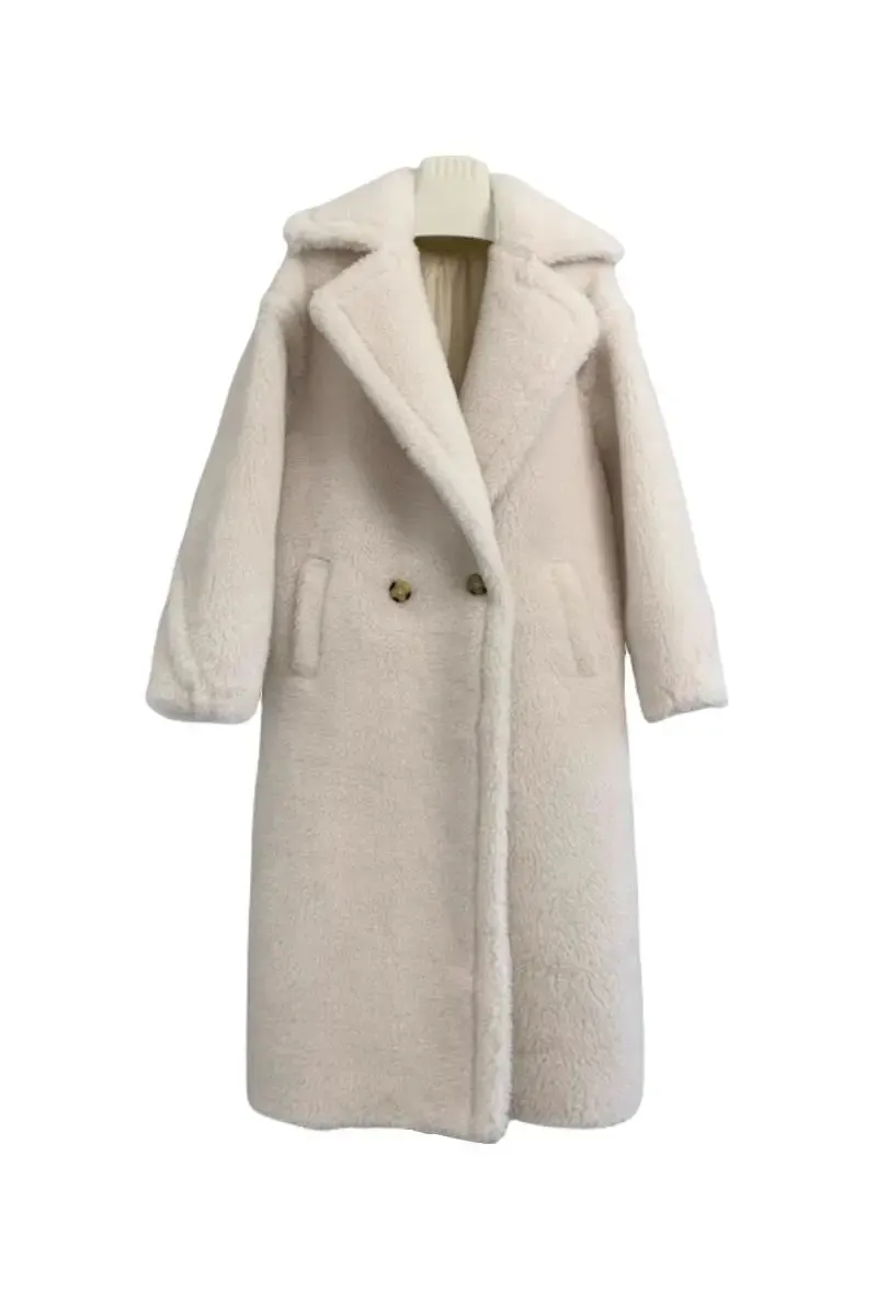 Genuine Long Teddy Coat with Lapel Collar