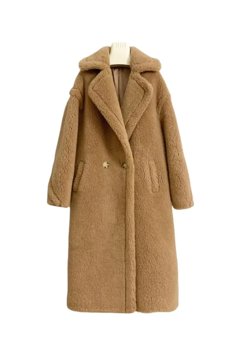 Genuine Long Teddy Coat with Lapel Collar