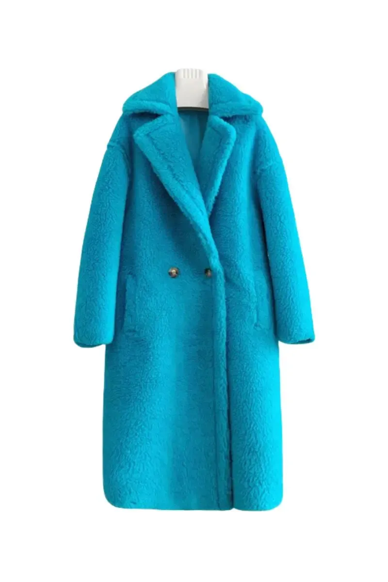 Genuine Long Teddy Coat with Lapel Collar