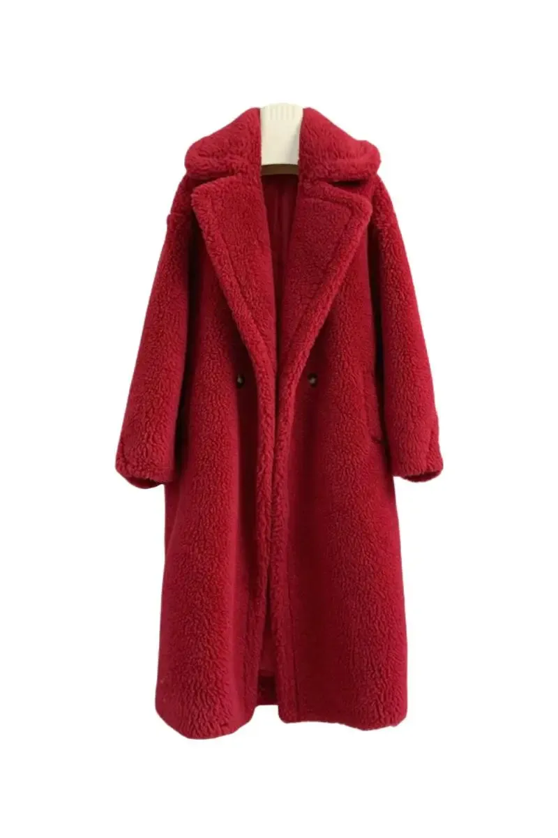Genuine Long Teddy Coat with Lapel Collar