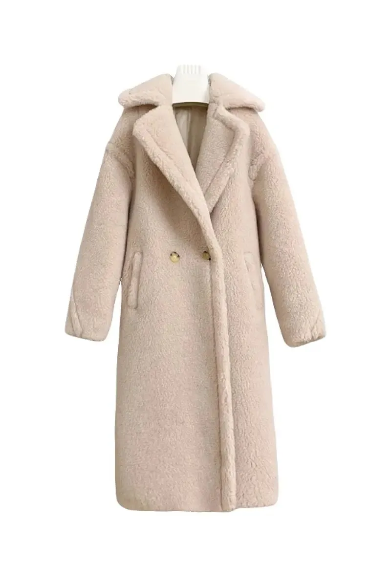 Genuine Long Teddy Coat with Lapel Collar