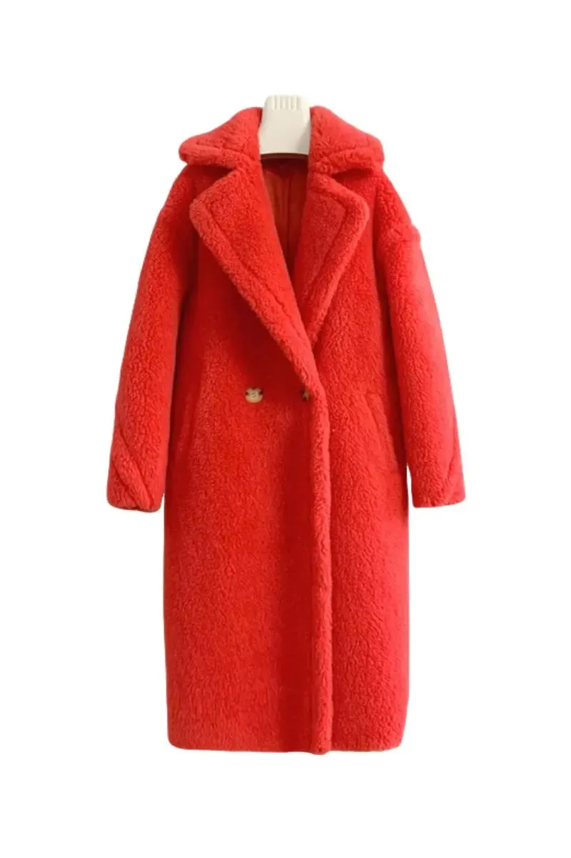 Genuine Long Teddy Coat with Lapel Collar