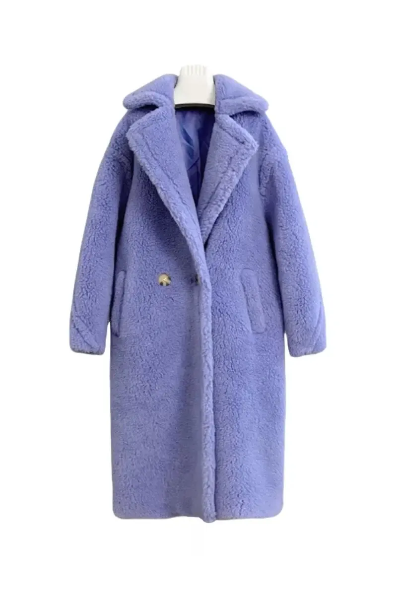 Genuine Long Teddy Coat with Lapel Collar