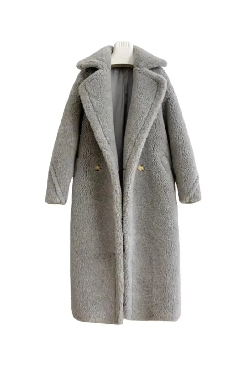 Genuine Long Teddy Coat with Lapel Collar