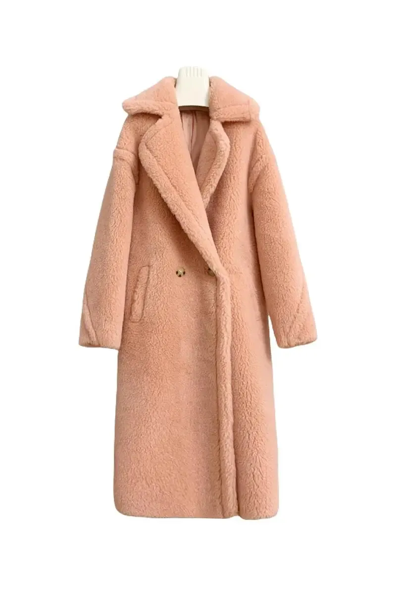 Genuine Long Teddy Coat with Lapel Collar