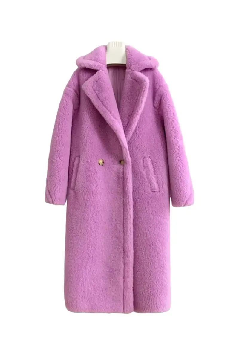 Genuine Long Teddy Coat with Lapel Collar