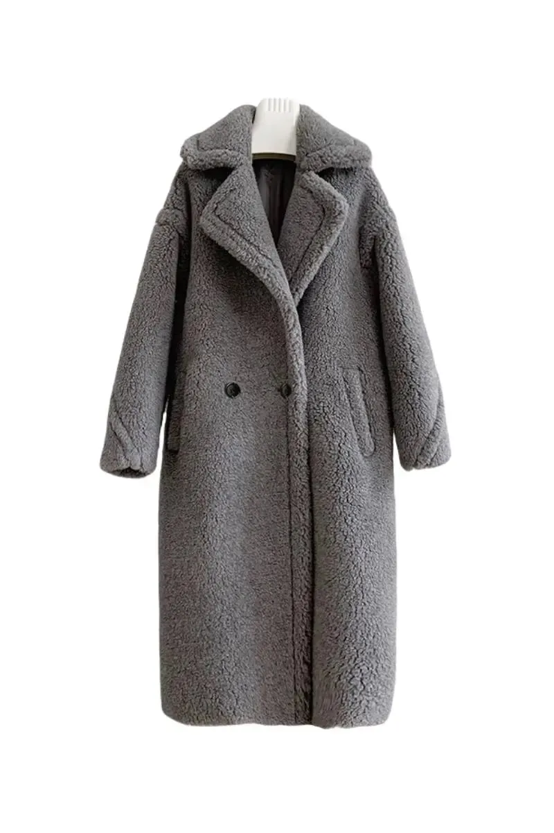 Genuine Long Teddy Coat with Lapel Collar