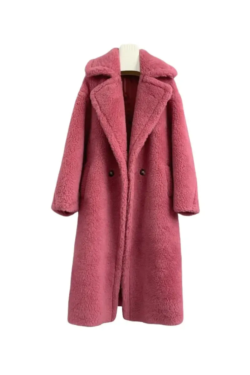 Genuine Long Teddy Coat with Lapel Collar