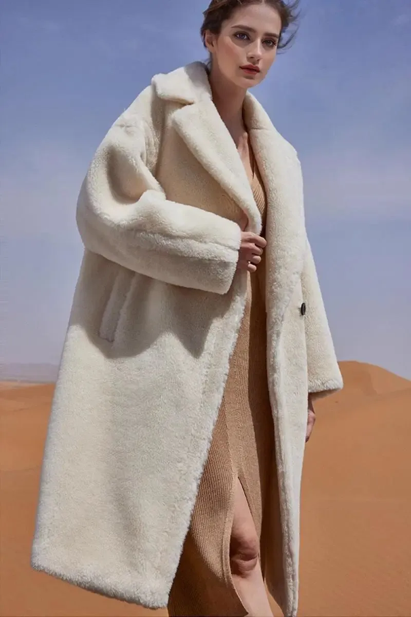 Genuine Long Teddy Coat with Lapel Collar