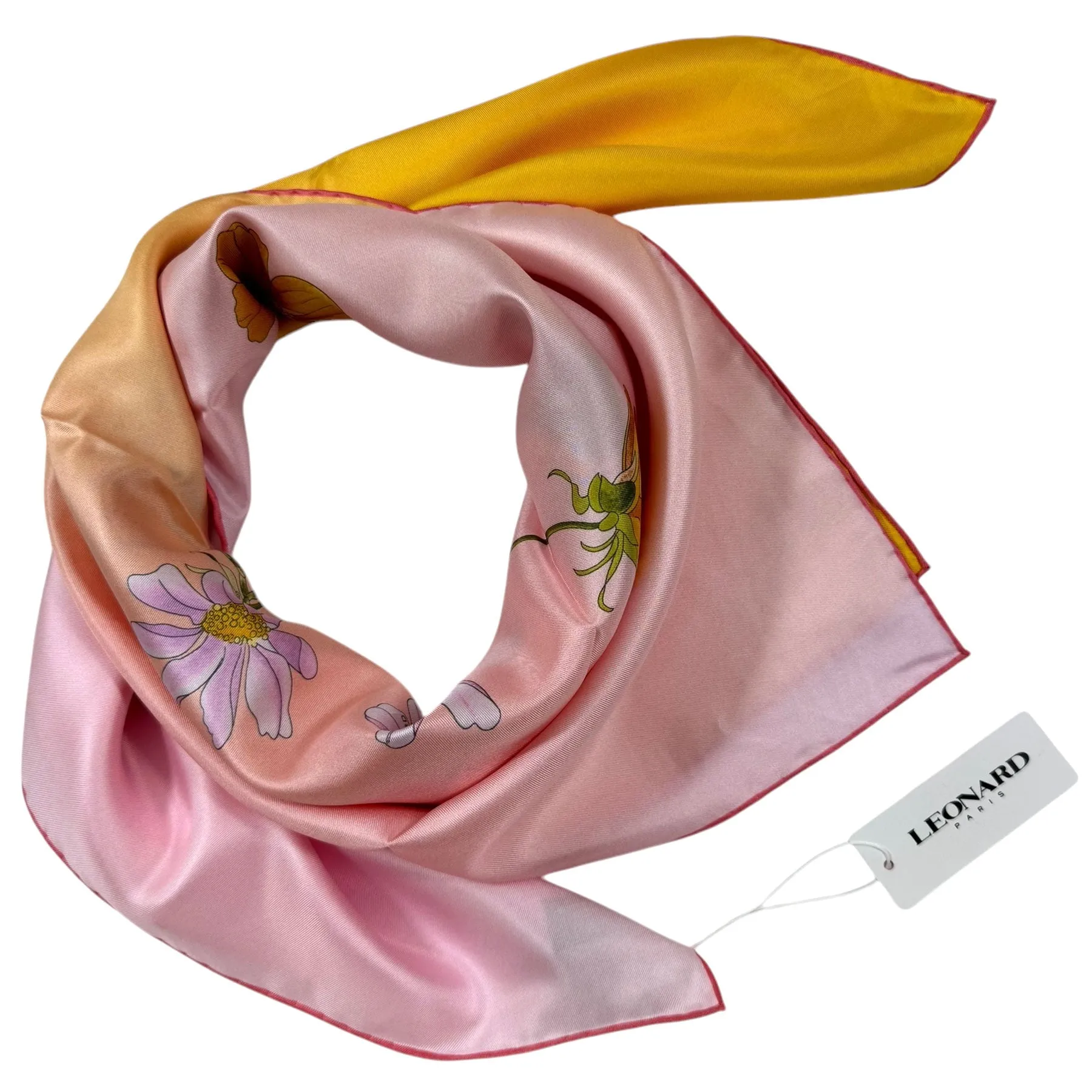 Leonard Paris Scarf Orange Pink Green Floral - Twill Silk Large Square Scarf