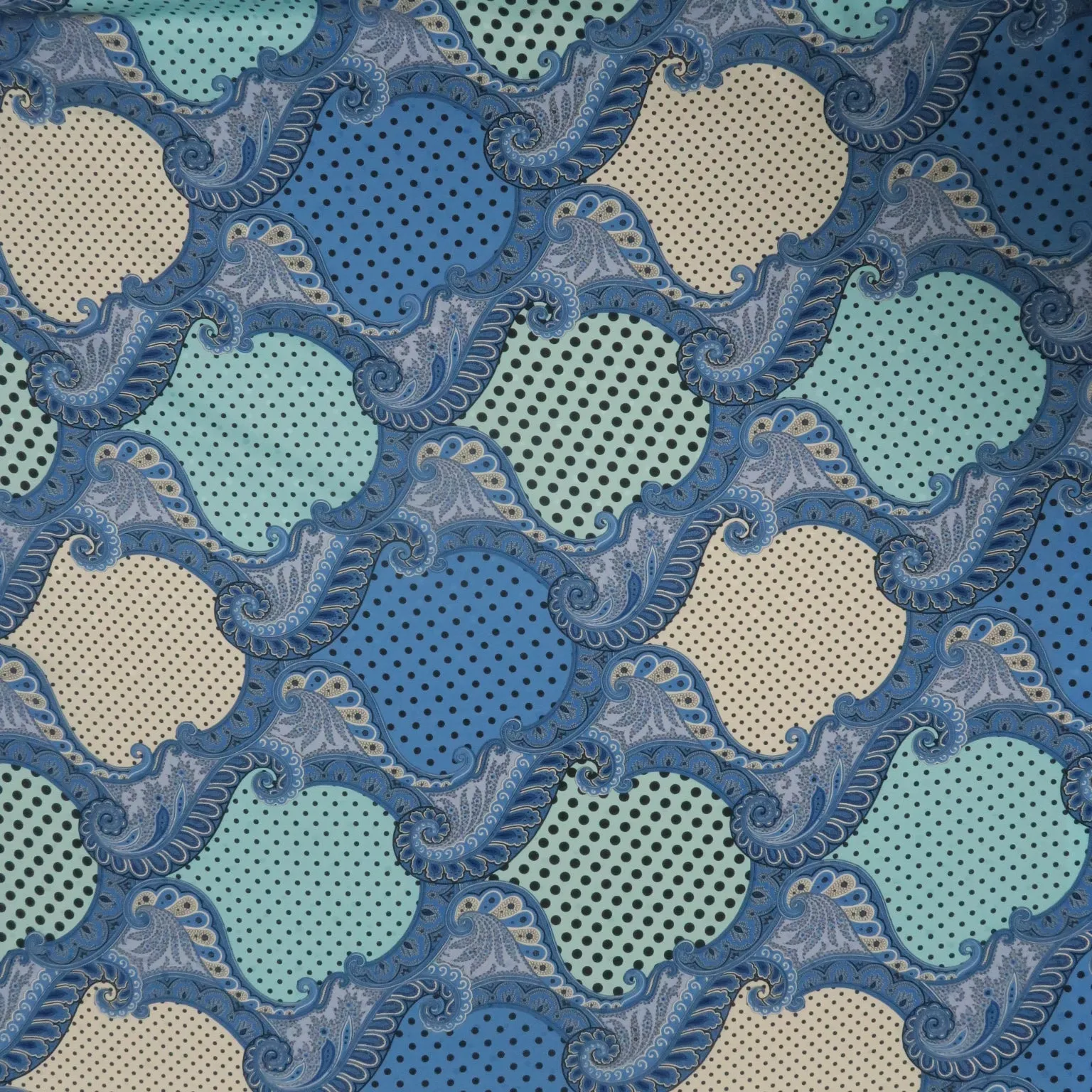 Medium Blue with Aqua Polka Dots and Arabesque Jacquard Printed Silk Charmeuse Fabric
