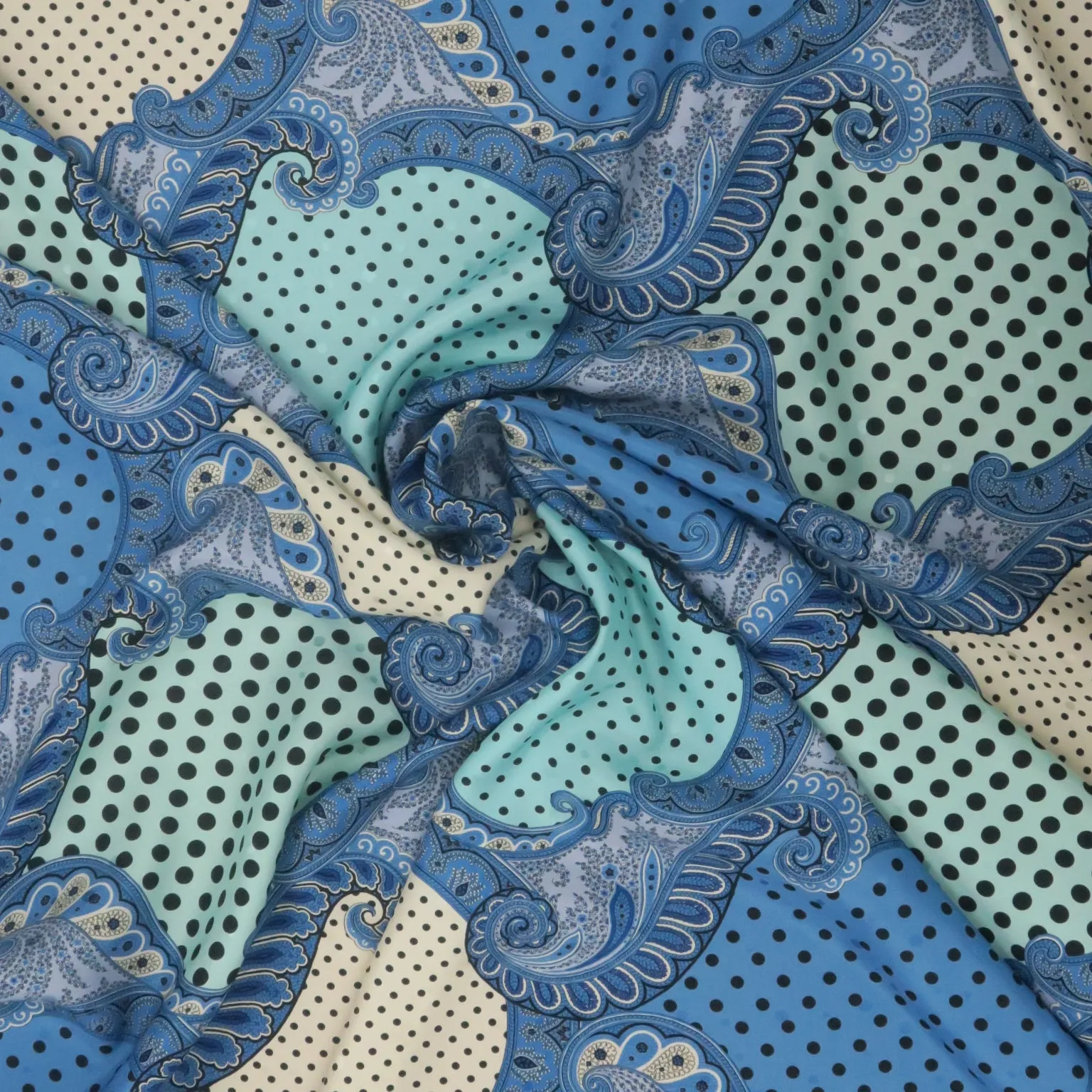 Medium Blue with Aqua Polka Dots and Arabesque Jacquard Printed Silk Charmeuse Fabric