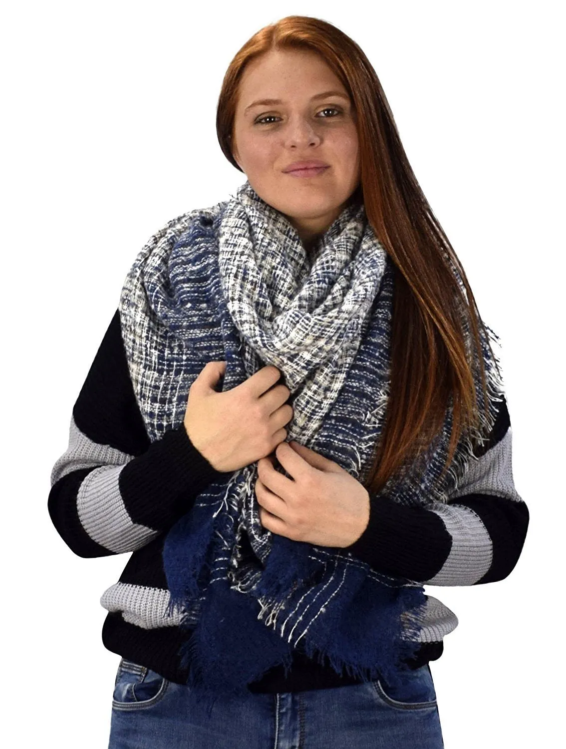 Multicolor Marled Oversized Blanket Scarf Shawl Wrap Poncho Navy