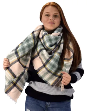 Multicolor Tartan Plaid Oversized Blanket Scarf Shawl Wrap Poncho Tan Green Black
