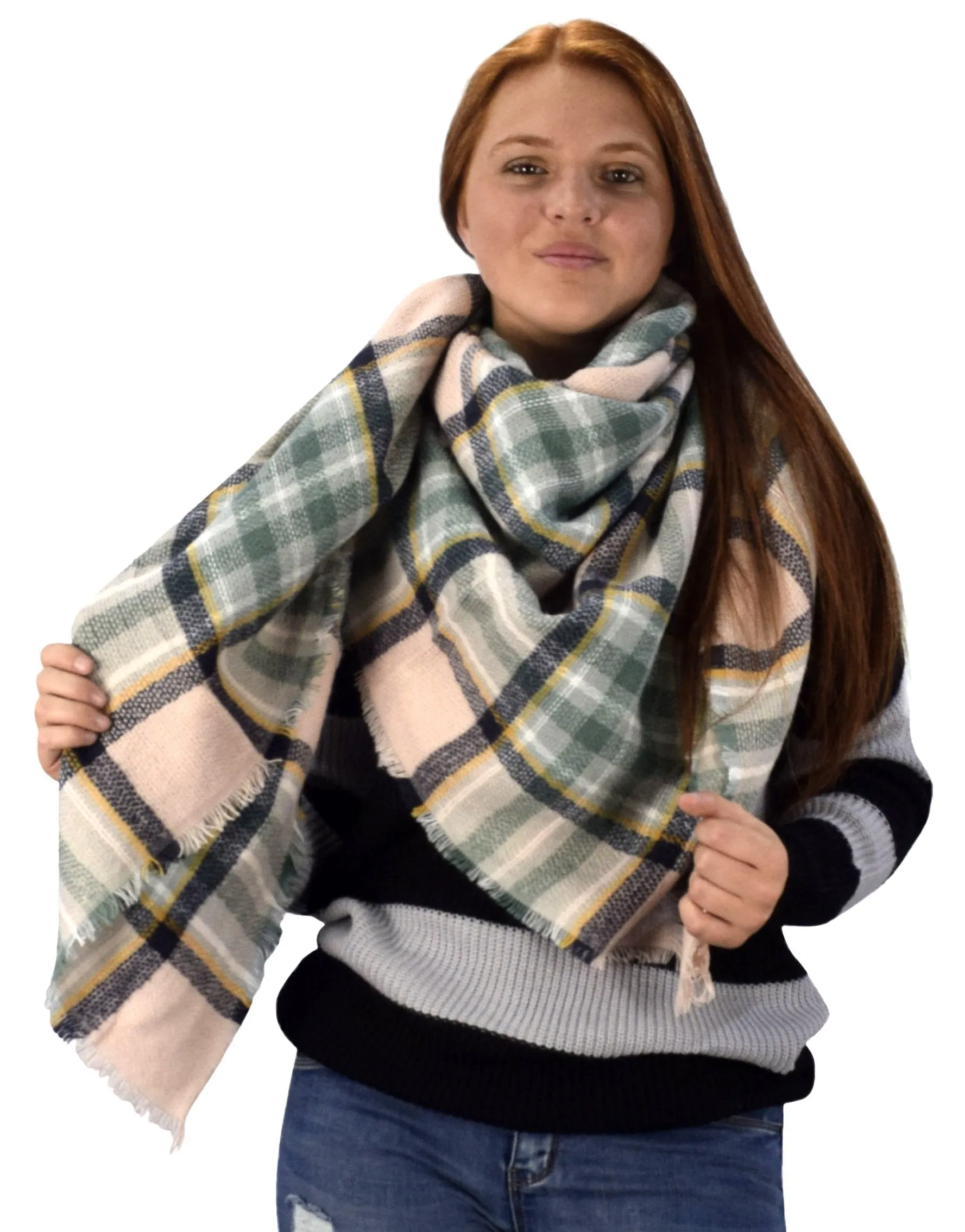 Multicolor Tartan Plaid Oversized Blanket Scarf Shawl Wrap Poncho Tan Green Black